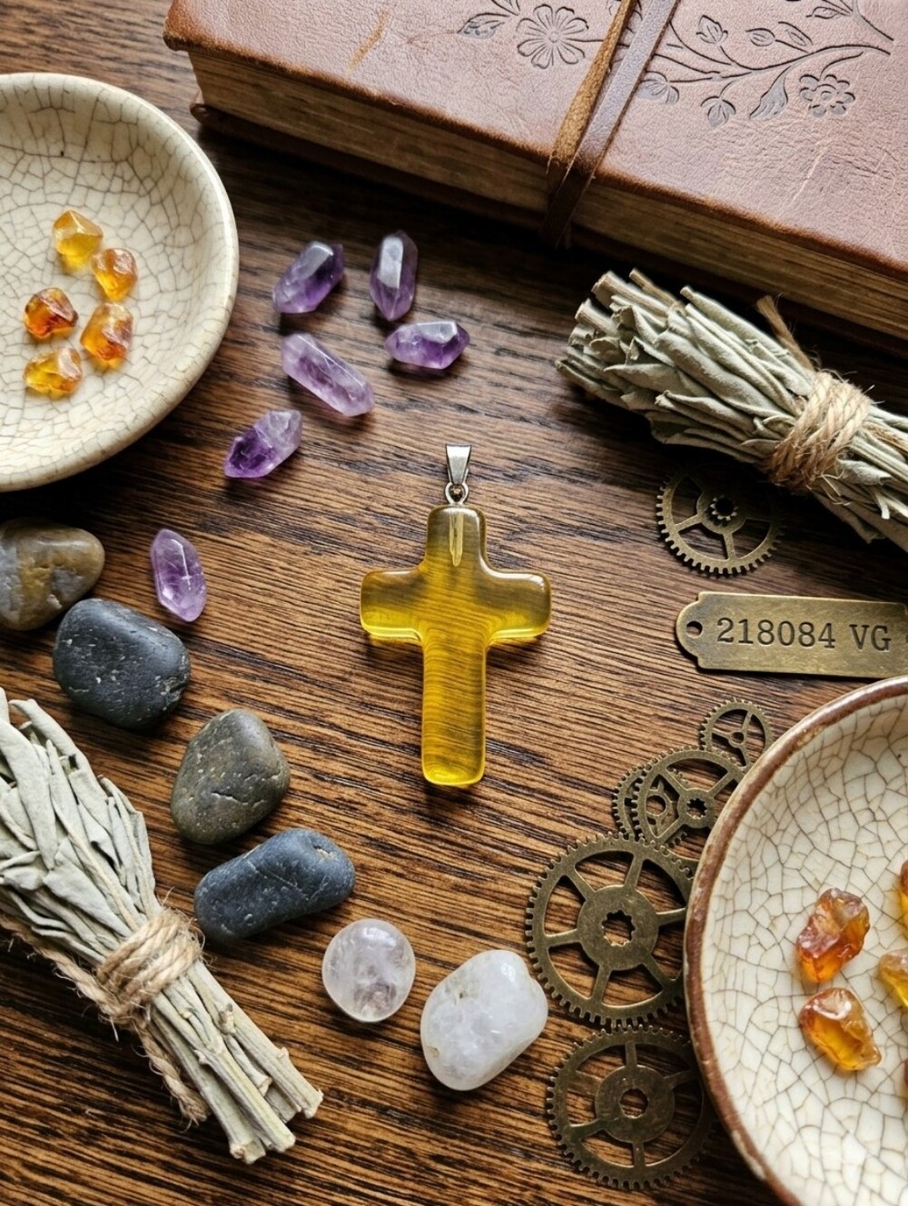 Yellow Glass Cross Pendant - Amber-Tone Religious Charm Includes Cord